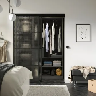 IKEA SKYTTA / LUNDBRASMA Combinatie cu usa glisanta, negru/sticla decorativa, 152x205 cm