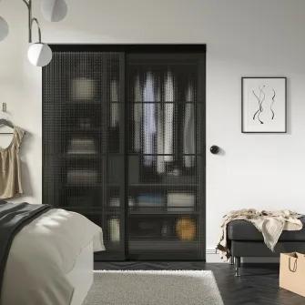 IKEA SKYTTA / LUNDBRASMA Combinatie cu usa glisanta, negru/sticla decorativa, 152x205 cm