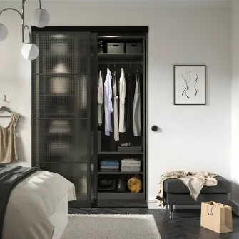 IKEA SKYTTA / LUNDBRASMA Combinatie cu usa glisanta, negru/sticla decorativa, 152x240 cm