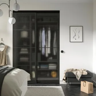 IKEA SKYTTA / LUNDBRASMA Combinatie cu usa glisanta, negru/sticla decorativa, 152x240 cm