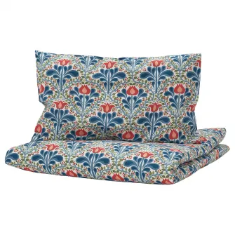 IKEA SATERVIDE Husa pilota+1 fata perna patut, alb albastru/model floral, 110x125/35x55 cm