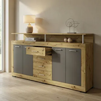 Comoda 4home Praga, 195x97x37 cm, Stejar Artizanal/Antracit