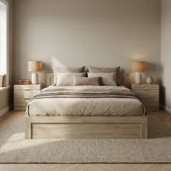 Dormitor Hoff City 7002, Pat 160x200 cm, 2 Noptiere 50×35×51 cm, Sonoma inchis