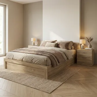 Dormitor Hoff City 7002, Pat 160x200 cm, 2 Noptiere 50×35×51 cm, Sonoma inchis