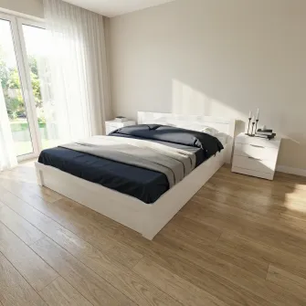 Dormitor Hoff City 7046, Pat 160x200 cm, 2 Noptiere 50×35×51 cm, MDF, Alb lucios
