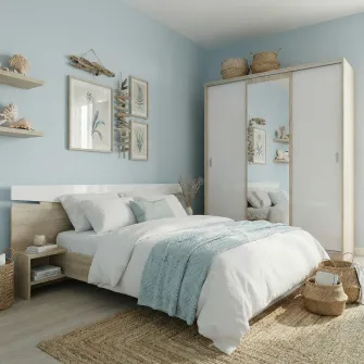 Set Dormitor Hoff City 7074, Pat 226 × 206 × 78 cm, pentru saltea 160x200 cm, Dulap 150 × 59 × 191 cm, Alb lucios high-gloss