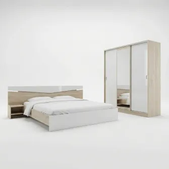 Set Dormitor Hoff City 7074, Pat 226 × 206 × 78 cm, pentru saltea 160x200 cm, Dulap 150 × 59 × 191 cm, Alb lucios high-gloss