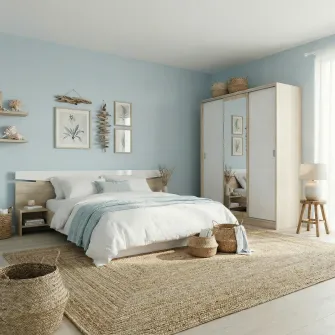 Set Dormitor Hoff City 7074, Pat 226 × 206 × 78 cm, pentru saltea 160x200 cm, Dulap 150 × 59 × 191 cm, Alb lucios high-gloss