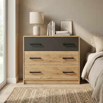 Comoda 4home Viva, 75x90x39 cm, 3 sertare, Stejar Artisan / Gri Grafit
