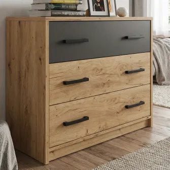 Comoda 4home Viva, 75x90x39 cm, 3 sertare, Stejar Artisan / Gri Grafit