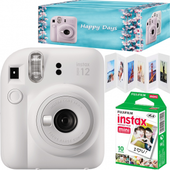 Set aparat foto instant Fujifilm Instax mini 12, Clay White cu 10 filme, rama acordeon si cutie Happy Days