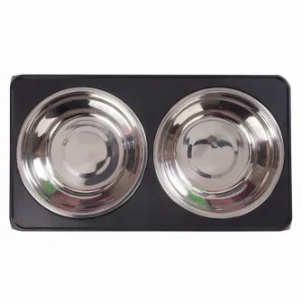 Set 2 boluri din otel inoxidabil pentru caine si pisica, Jumi, pe suport pliabil, Gri
