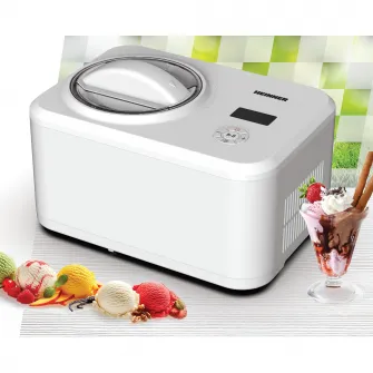Aparat pentru preparat inghetata Heinner Glace HICM-150WHYG, Capacitate bol 1.5L, Compresor incorporat, Dsiplay LED, Timer, Mentinere la rece, Functie iaurt, Bol inghetata detasabil, 150W, Alb