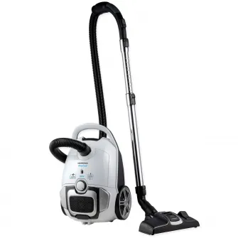 Aspirator cu sac Heinner, operare silentioasa 69dB, filtru HEPA 12, perie ECO, putere 700W, putere de absorbtie 150W, sac textil 3L, tub din metal, viteza variabila, indicator sac plin, spatiu depozitare accesorii, lungime cablu alimentare 7m, Alb