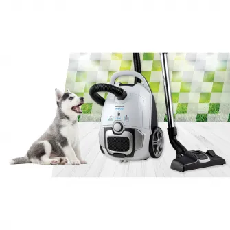 Aspirator cu sac Heinner, operare silentioasa 69dB, filtru HEPA 12, perie ECO, putere 700W, putere de absorbtie 150W, sac textil 3L, tub din metal, viteza variabila, indicator sac plin, spatiu depozitare accesorii, lungime cablu alimentare 7m, Alb