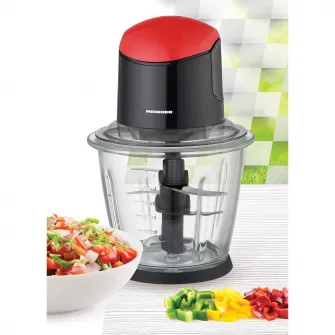 Tocator de legume Heinner, bol sticla 1.5L, 3 cutite din inox, angrenaj metalic, baza anti-alunecare, sistem de siguranta, putere: 500W, culoare negru cu rosu