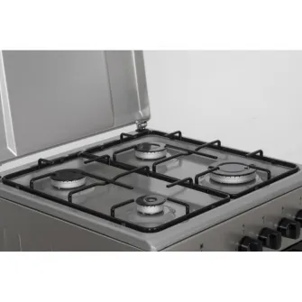 Aragaz pe gaz Heinner HFSC-SME50SL, 50X50 cm, 4 arzatoare, suport email, capac metalic, dispozitiv de siguranta plita si cuptor, usa cuptor cu geam dublu, duze GPL incluse, tava si gratar cromat, culoare Argintiu
