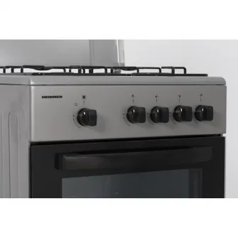 Aragaz pe gaz Heinner HFSC-SME50SL, 50X50 cm, 4 arzatoare, suport email, capac metalic, dispozitiv de siguranta plita si cuptor, usa cuptor cu geam dublu, duze GPL incluse, tava si gratar cromat, culoare Argintiu