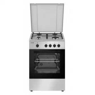 Aragaz pe gaz Heinner HFSC-SME50SL, 50X50 cm, 4 arzatoare, suport email, capac metalic, dispozitiv de siguranta plita si cuptor, usa cuptor cu geam dublu, duze GPL incluse, tava si gratar cromat, culoare Argintiu