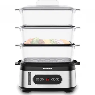 Aparat de gatit cu aburi Heinner HSA-D950SS, 800-950W, display LED, 9L, 1.5L, trei vase pentru gatire BPA free, temporizator 60 min, indicator luminos, protectie impotriva functionarii fara apa, cablu alimentare, insertii inox, negru/argintiu