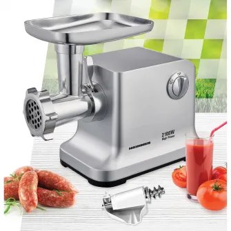 Masina de tocat Heinner MG-2100SS, 2100W, Accesoriu rosii, Accesoriu carnati, Cutit si site inox, Silver