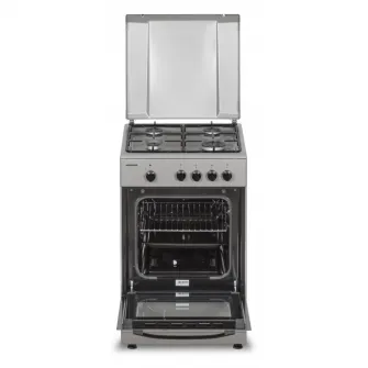 Aragaz pe gaz Heinner HFSC-SME50SL, 50X50 cm, 4 arzatoare, suport email, capac metalic, dispozitiv de siguranta plita si cuptor, usa cuptor cu geam dublu, duze GPL incluse, tava si gratar cromat, culoare Argintiu