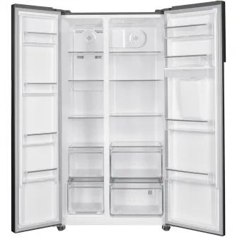 Side by side Heinner HSBS-HM529NFXWDE++, 529 l, Full No Frost, Clasa E, Compersor Dual Inverter, Display LED cu touch, Dozator apa, Iluminare LED, Blocare acces copii, H 177 cm, Inox