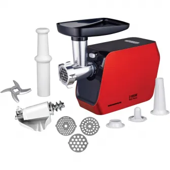 Masina de tocat Heinner MG-2100RD, 2100W, 1.8 kg/min, accesoriu rosii, accesorii carnati, cutit inox, 3 site taiere, rosu
