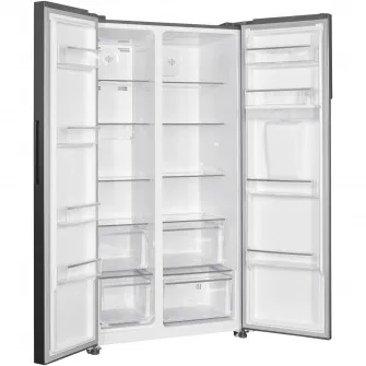 Side by side Heinner HSBS-HM529NFXWDE++, 529 l, Full No Frost, Clasa E, Compersor Dual Inverter, Display LED cu touch, Dozator apa, Iluminare LED, Blocare acces copii, H 177 cm, Inox