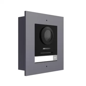 Post exterior modular videointerfon IP Hikvision DS-KD8003-IME1(B)/FL, montaj ingropat, 1 buton, 2000 de utilizatori, autentificare prin card, IP65, alimentare: 12 VDC, 500 mA, IEEE 802.3af, PoE, dimensiuni: 99.76 mm ? 98 mm ? 42.04 mm, greutate: 0.375kg,