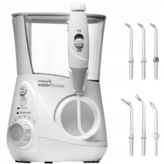 Irygator dentar Waterpik WF-660 (BZ8E6P7G6MSS), 10 trepte reglare presiune, rezervor 600 ml, alb, 6 duze incluse
