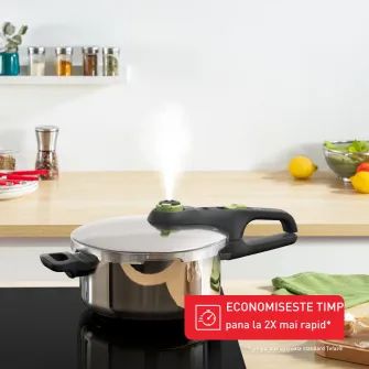 Oala sub presiune Tefal Secure Trendy, sistem siguranta in 5 puncte, 2 programe de gatire, compatibil cu inductia, 4 L, argintiu