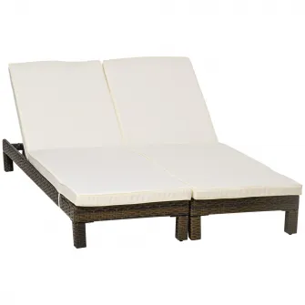 Set 2 sezlonguri, Outsunny, Ratan sintetic, Ajustabile, 196x60x22cm, Maro/Crem