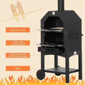 Gratar si Cuptor pentru pizza, Outsunny, Termometru, 50 x 36 x 160 cm, Inox, Negru