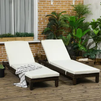 Set 2 sezlonguri, Outsunny, Ratan sintetic, Ajustabile, 196x60x22cm, Maro/Crem
