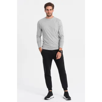 OMBRE, Bluza din bumbac cu decolteu la baza gatului, Gri deschis melange, 2XL