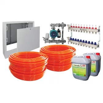 Pachet incalzire prin pardoseala Fornello, 100 mp, Teava PE-RT, Distribuitor-Colector, Grup de amestec fara pompa, Niplu redus 1-1/4'' - 1'', Pompa de recirculare, Cutie distribuitor, Aditiv sapa