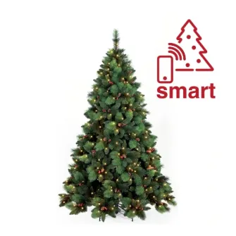 Brad artificial premium Kring Phoenix, adaptor smart / control din telefon, cu conuri si merisoare, lumina calda, ace 3D/2D,PP/PVC, 180 cm, Verde