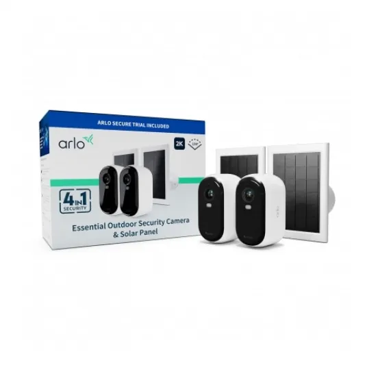 Camera de supraveghere Arlo VMK3250-100EUS Essential (Gen.2) 2 pack + 2 panouri solare, 4MP, 2K, 2560x1440, Color Night Vision, wireless, baterie reincarcabila, microfon si difuzor, reflector integrat, IP65