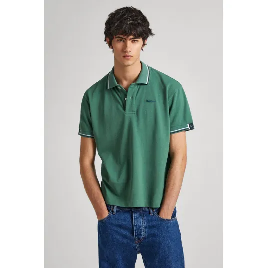 Pepe Jeans London, Tricou polo de bumbac cu aspect pique, Verde feriga, S