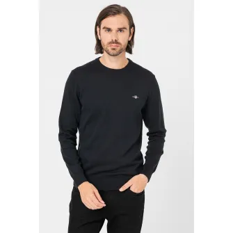Gant, Pulover tricotat fin cu decolteu la baza gatului Classic, Negru, M