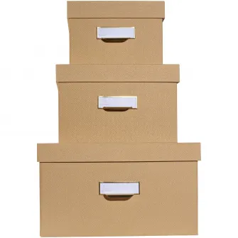 Set 3 cutii depozitare cu capac Exacompta OfficeByMe, Carton 3mm, Suport eticheta, Certificare FSC, format A4+, A5++, A6++, Bej