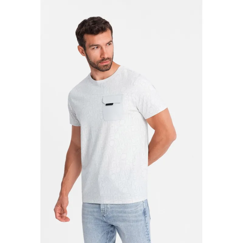 OMBRE, Tricou cu model si buzunar pe piept, Gri deschis, Alb murdar, S