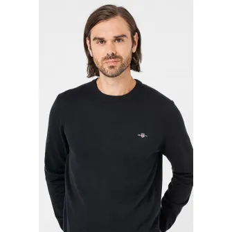 Gant, Pulover tricotat fin cu decolteu la baza gatului Classic, Negru, M