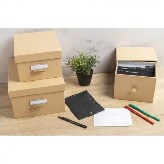 Cutie cu 1 sertar pentru fotografii Exacompta OfficeByMe, carton 3mm, Buton auriu, livrat cu 4 separatoare, Certificare FSC, 17,7x14x13,5 cm, Bej
