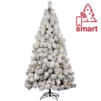 Brad artificial frosted Kring Chicago, aspect nins, 210 cm, lumina calda, adaptor smart/control prin telefon, PP, ace 3D, suport metalic, Alb
