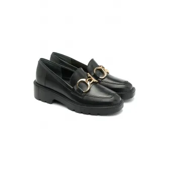 RYЕЃKO, Pantofi loafer de piele cu detalii lant, Auriu, Negru, 40