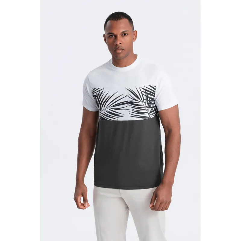 OMBRE, Tricou din bumbac cu imprimeu tropical, Alb, Gri inchis, 2XL