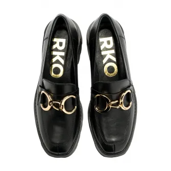 RYЕЃKO, Pantofi loafer de piele cu detalii lant, Auriu, Negru, 40