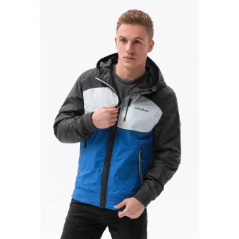 OMBRE, Geaca cu fermoar si model colorblock, Albastru, Gri inchis, 2XL